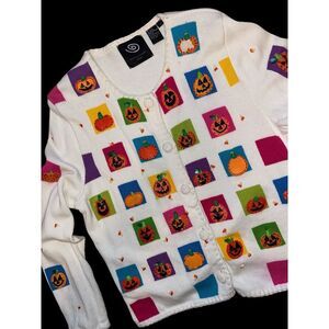 Michael Simon L White Halloween Pumpkin Patch Maze Harvest Fall Sweater Cardigan